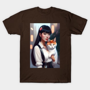 Beautiful woman with cat - Modern digital art T-Shirt